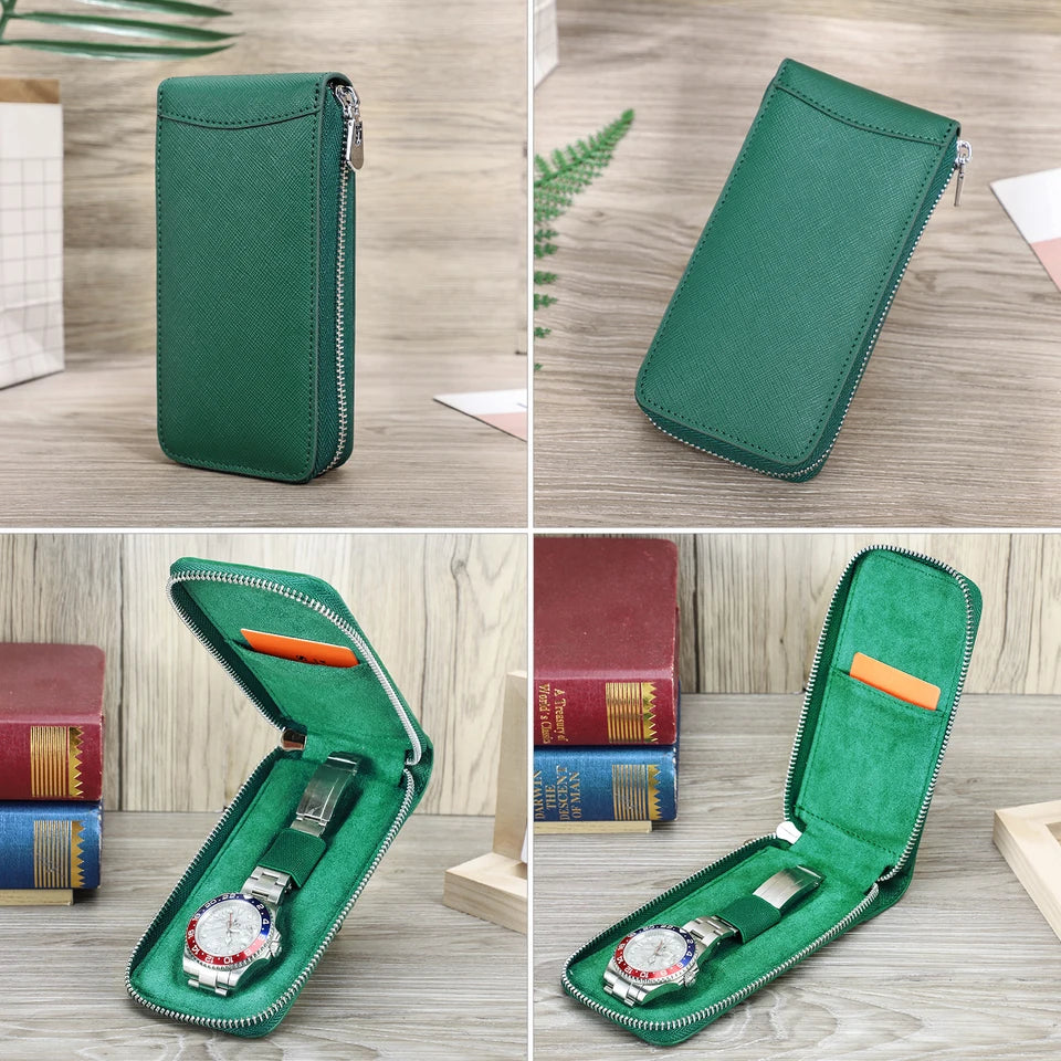 CONTACT'S FAMILY Vintage Handmade Cowhide Leather Single Slot Watch Case Display Jewelry Bracelet Storage Box with Card Slot