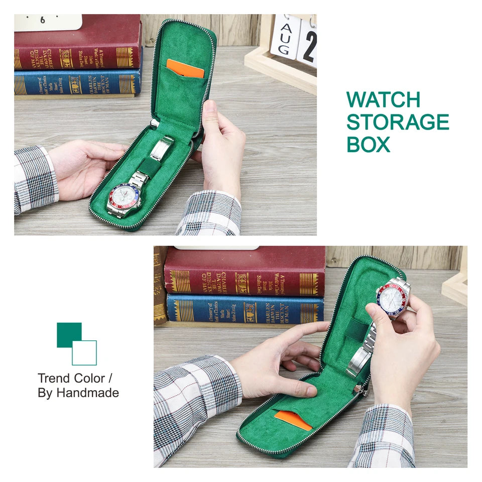 CONTACT'S FAMILY Vintage Handmade Cowhide Leather Single Slot Watch Case Display Jewelry Bracelet Storage Box with Card Slot