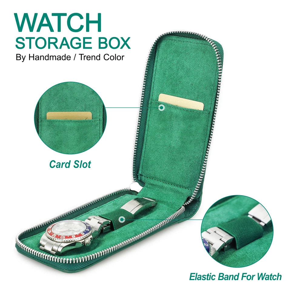 CONTACT'S FAMILY Vintage Handmade Cowhide Leather Single Slot Watch Case Display Jewelry Bracelet Storage Box with Card Slot