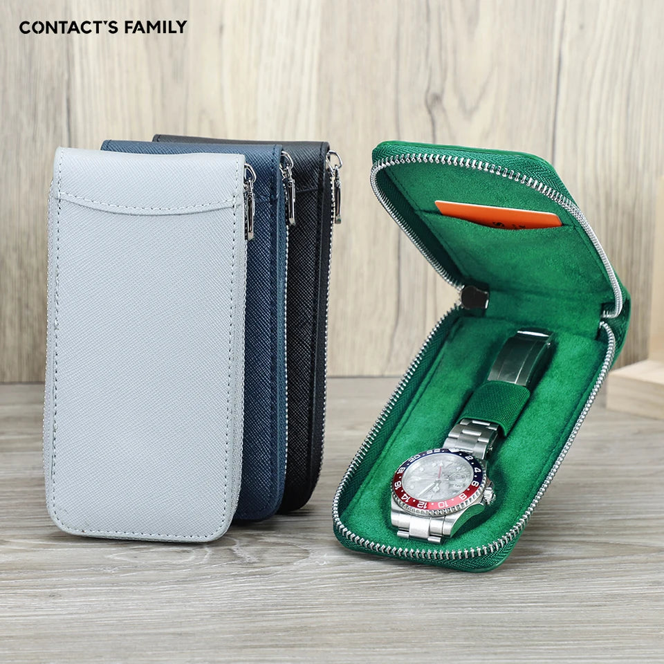 CONTACT'S FAMILY Vintage Handmade Cowhide Leather Single Slot Watch Case Display Jewelry Bracelet Storage Box with Card Slot