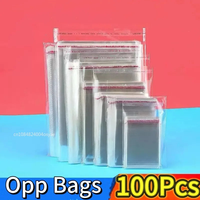 100PCS Multiple Size Clear Self-adhesive Cello Cellophane Bag Self Sealing Small Plastic Bags For Candy Packing Resealable Bags